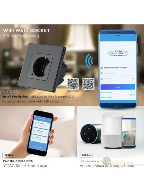 V-TAC Smart - okostelefonnal kapcsolható, WiFi-s, fekete, fali aljzat - SKU 8797
