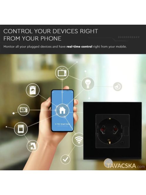 V-TAC Smart - okostelefonnal kapcsolható, WiFi-s, fekete, fali aljzat - SKU 8797