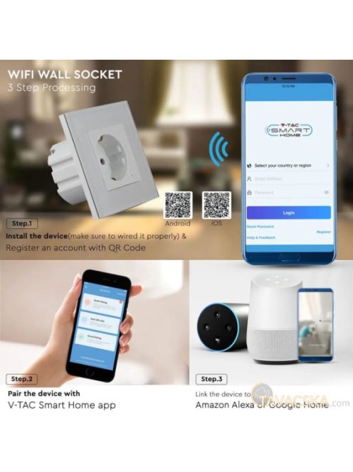 V-TAC Smart - okostelefonnal kapcsolható, WiFi-s, fehér, fali aljzat - SKU 8798