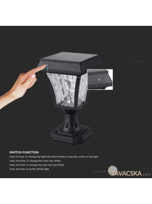 V-TAC 2W napelemes LED állólámpa, IP65, állítható színhőmérséklettel, matt fekete házzal - SKU 2890
