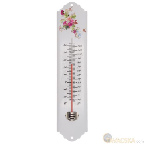 Hőmérő kültéri, fém, virágmintás fehér, 30x6,5x1cm 