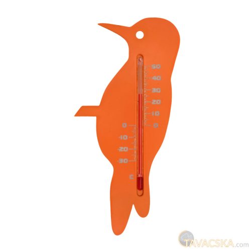 Hőmérő kültéri, műanyag, narancssárga harkály forma15x7,5x0,3cm  